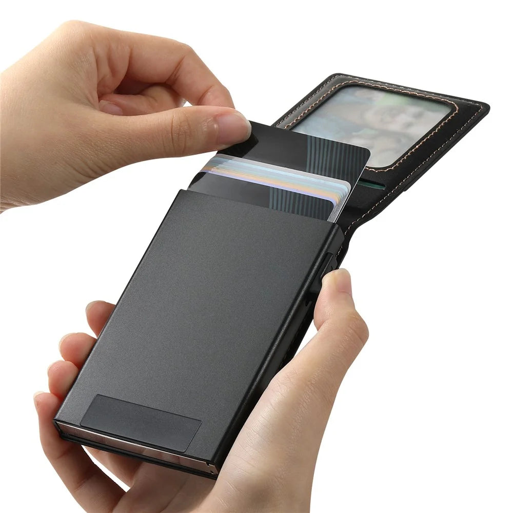 SUTENI Magnetic Card Holder Large Capacity Waxed Texture Leather 8 Card Slots Case - Black - 5