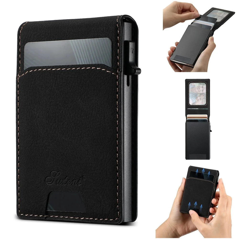 SUTENI Magnetic Card Holder Large Capacity Litchi Texture Leather 8 Card Slots Case - Black - 1