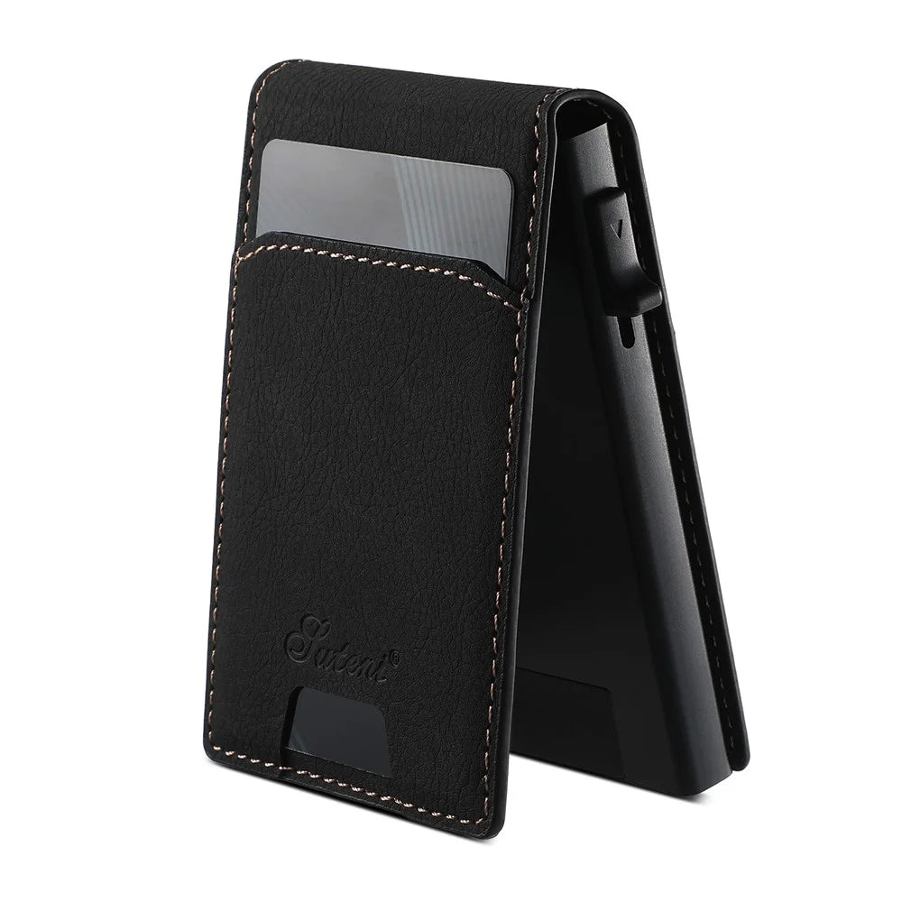 SUTENI Magnetic Card Holder Large Capacity Litchi Texture Leather 8 Card Slots Case - Black - 3