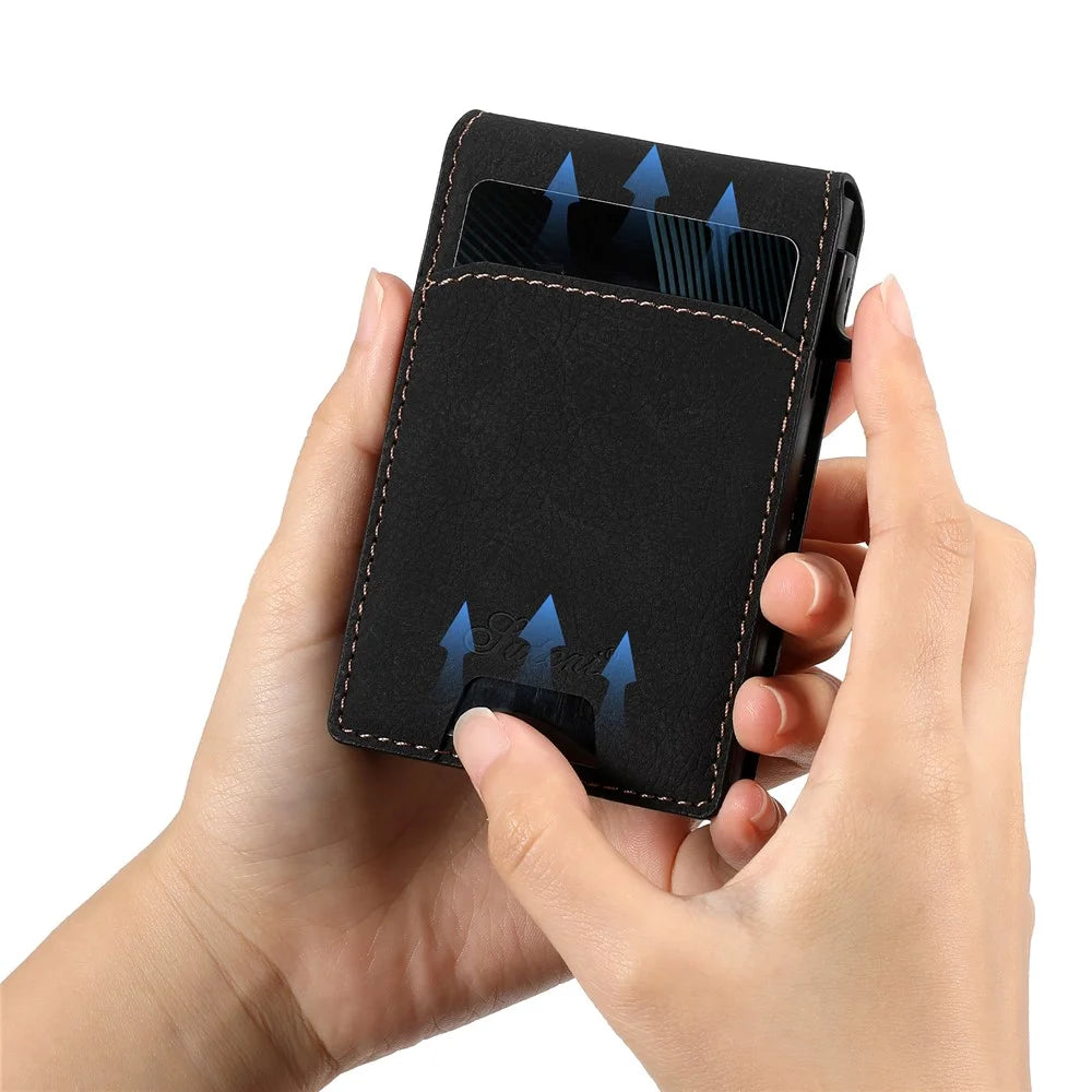 SUTENI Magnetic Card Holder Large Capacity Litchi Texture Leather 8 Card Slots Case - Black - 4