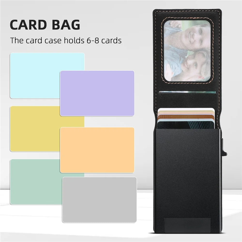 SUTENI Magnetic Card Holder Large Capacity Litchi Texture Leather 8 Card Slots Case - Black - 6