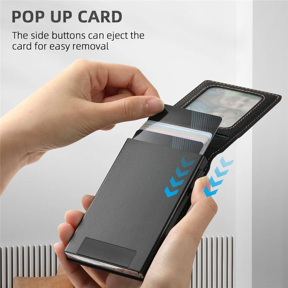 SUTENI Magnetic Card Holder Large Capacity Litchi Texture Leather 8 Card Slots Case - Black - 7