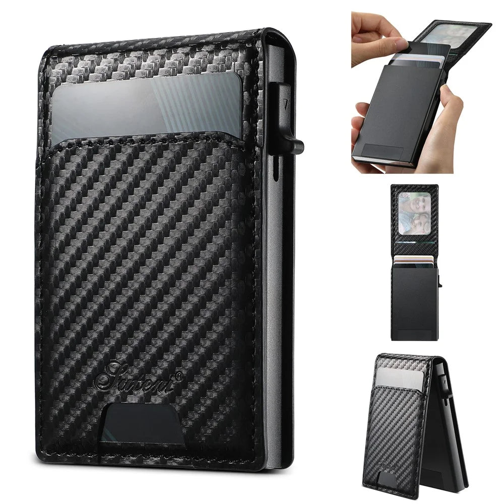 SUTENI Magnetic Card Holder Large Capacity Carbon Fiber Texture Leather 8 Card Slots Case - Black - 1
