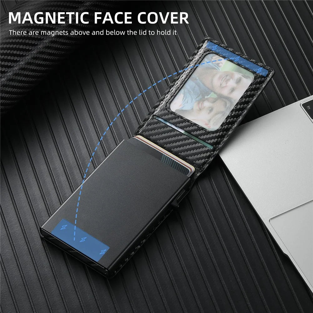 SUTENI Magnetic Card Holder Large Capacity Carbon Fiber Texture Leather 8 Card Slots Case - Black - 2