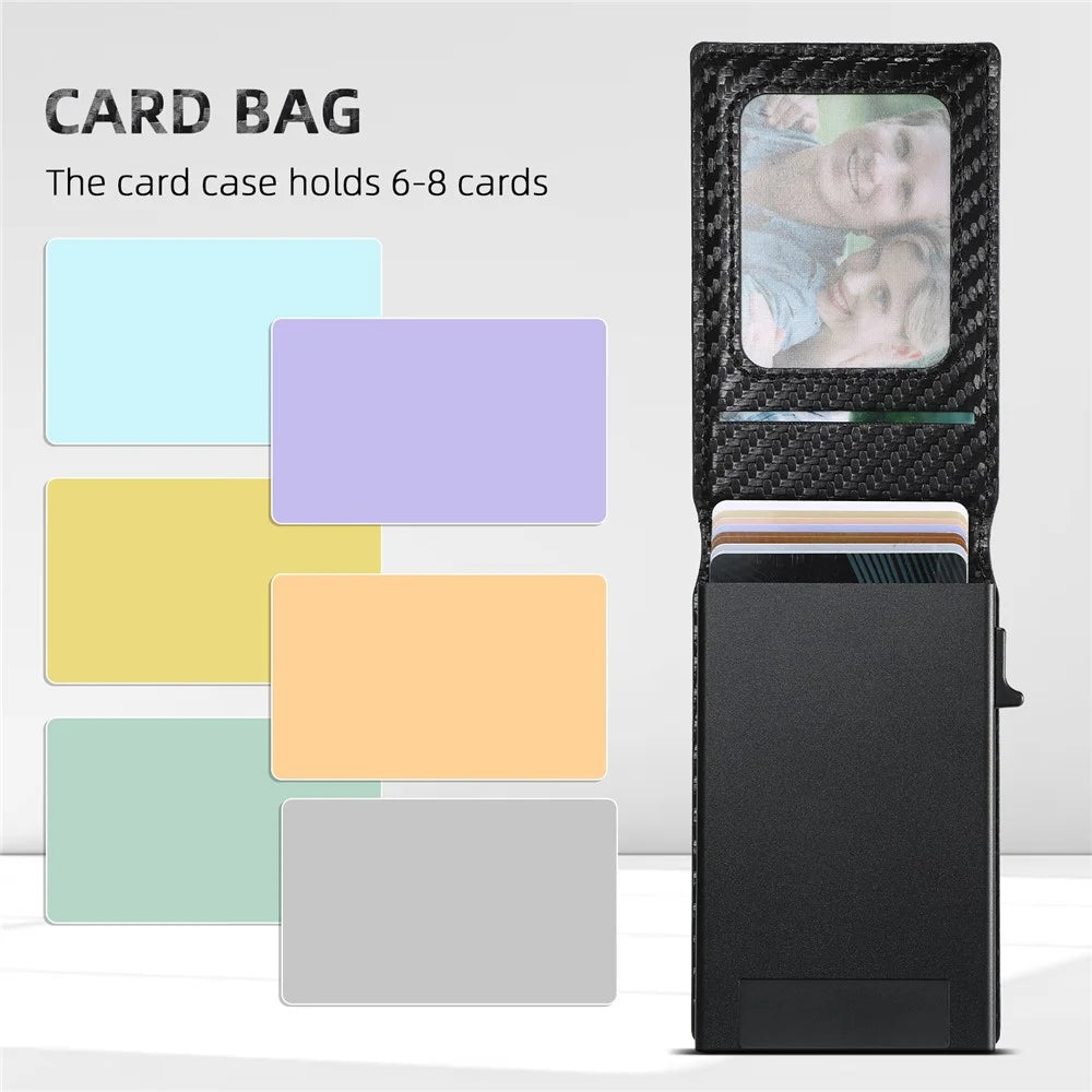 SUTENI Magnetic Card Holder Large Capacity Carbon Fiber Texture Leather 8 Card Slots Case - Black - 3