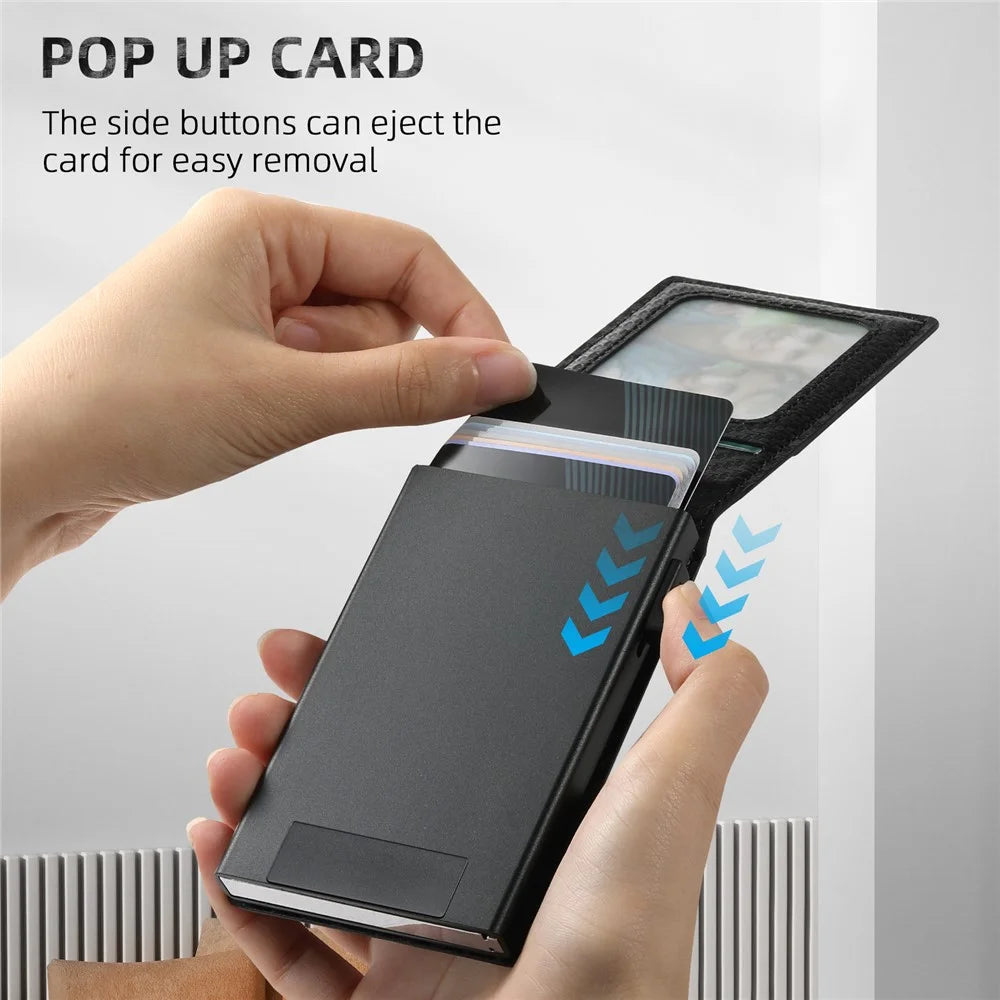 SUTENI Magnetic Card Holder Large Capacity Carbon Fiber Texture Leather 8 Card Slots Case - Black - 5