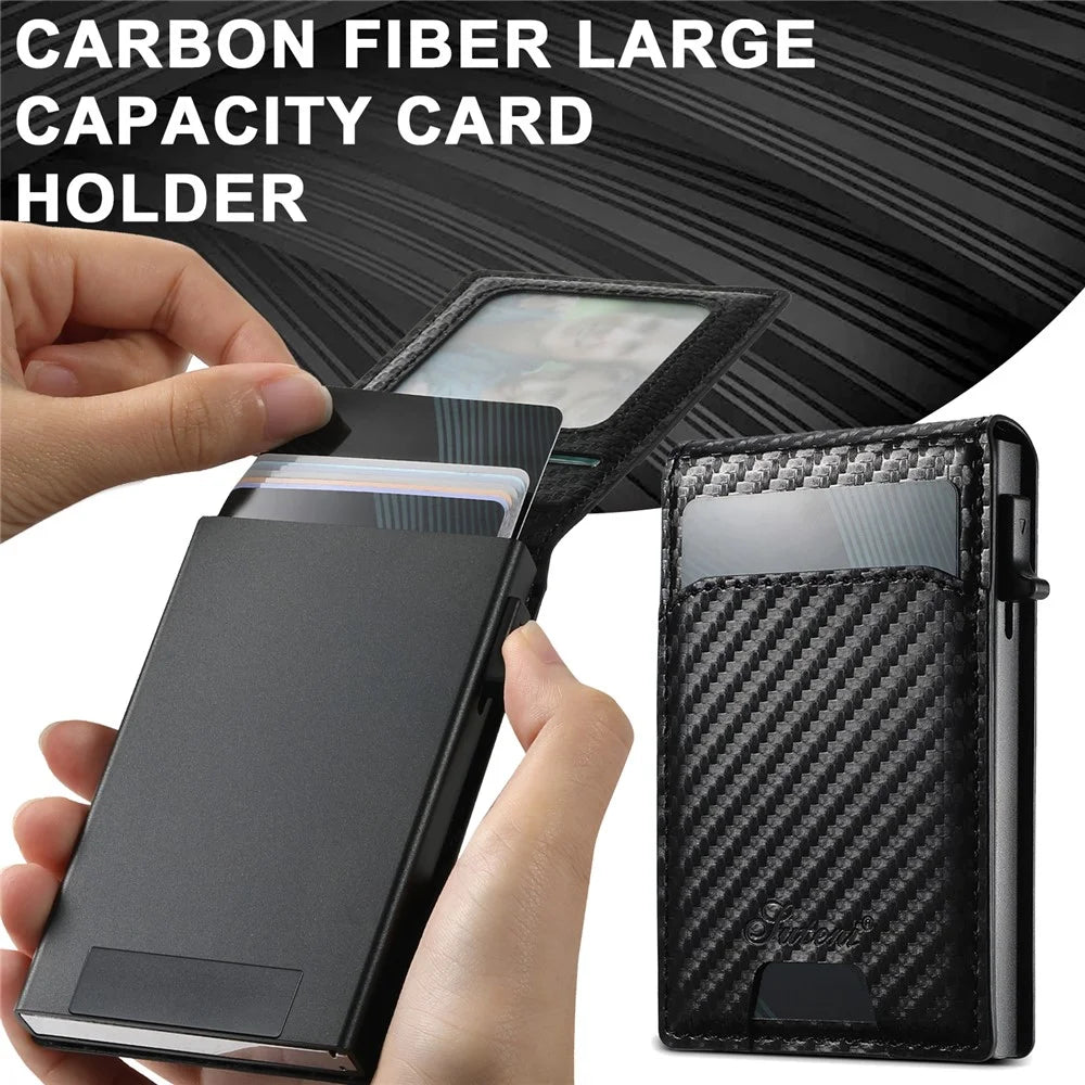 SUTENI Magnetic Card Holder Large Capacity Carbon Fiber Texture Leather 8 Card Slots Case - Black - 6