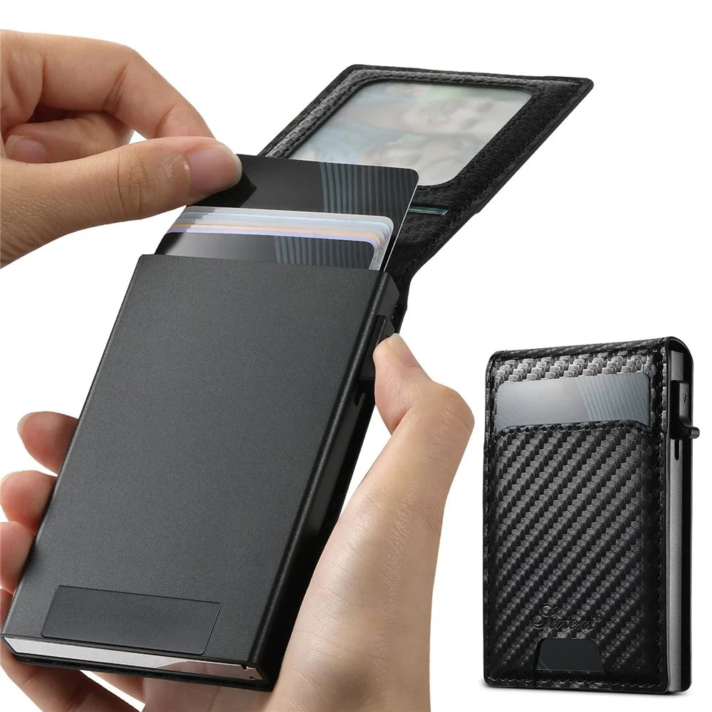 SUTENI Magnetic Card Holder Large Capacity Carbon Fiber Texture Leather 8 Card Slots Case - Black - 7