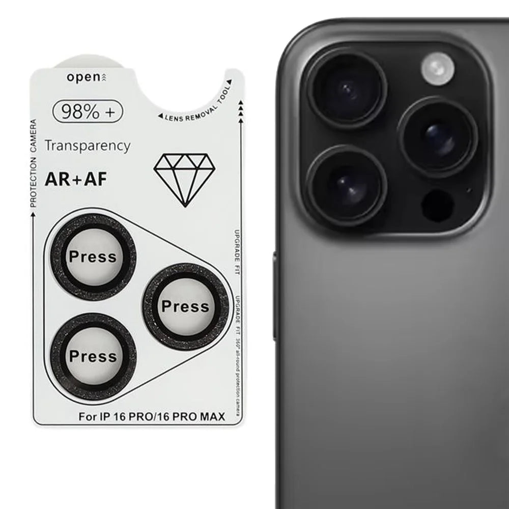 For iPhone 16 Pro / 16 Pro Max Camera Lens Protector Glitter Tempered Glass + Metal Lens Film - Black - 1