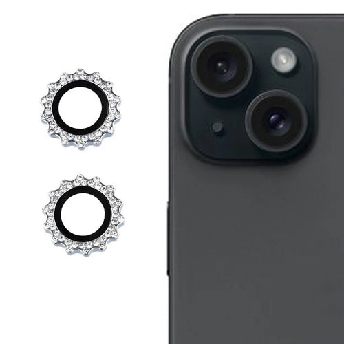 1Set For iPhone 15 / 15 Plus Camera Lens Protector Gear Shape Rhinestone Decor Tempered Glass Lens Film - Blue - 1
