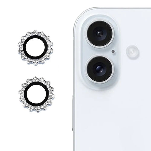 1Set For iPhone 16 / 16 Plus Camera Lens Protector Gear Shape Rhinestone Decor Tempered Glass Lens Film - Blue - 1