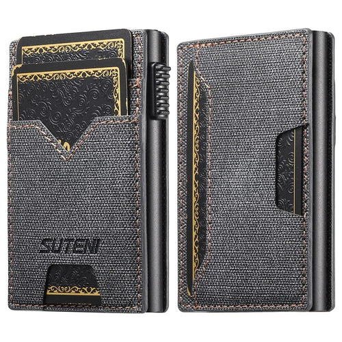 SUTENI Double-Sided Card Holder Jeans Cloth Texture PU Leather + Metal Automatic Pop-Up Card Case - Black - 1