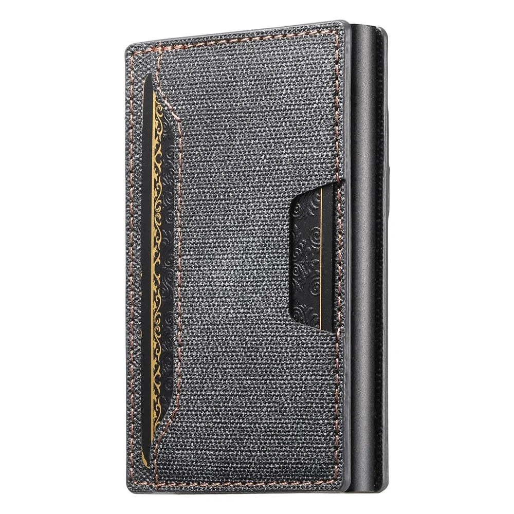 SUTENI Double-Sided Card Holder Jeans Cloth Texture PU Leather + Metal Automatic Pop-Up Card Case - Black - 3