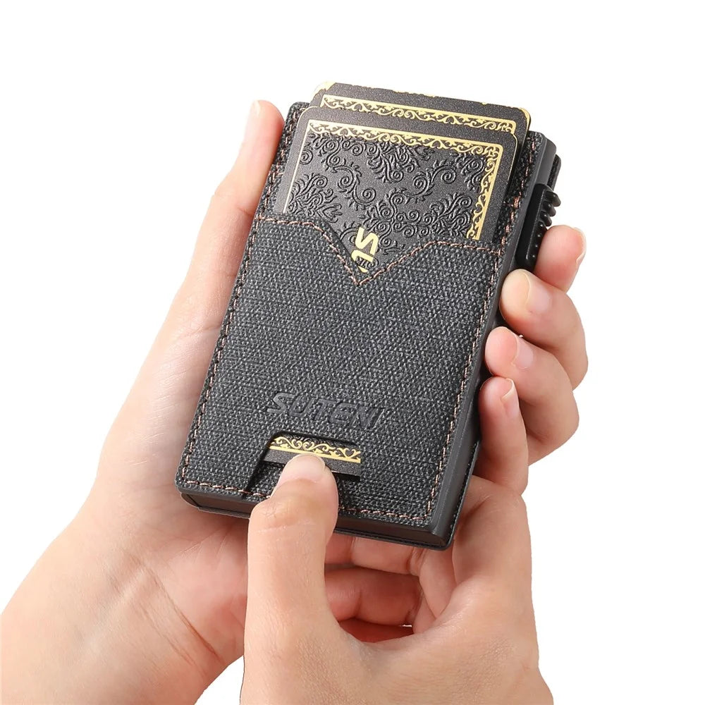 SUTENI Double-Sided Card Holder Jeans Cloth Texture PU Leather + Metal Automatic Pop-Up Card Case - Black - 4