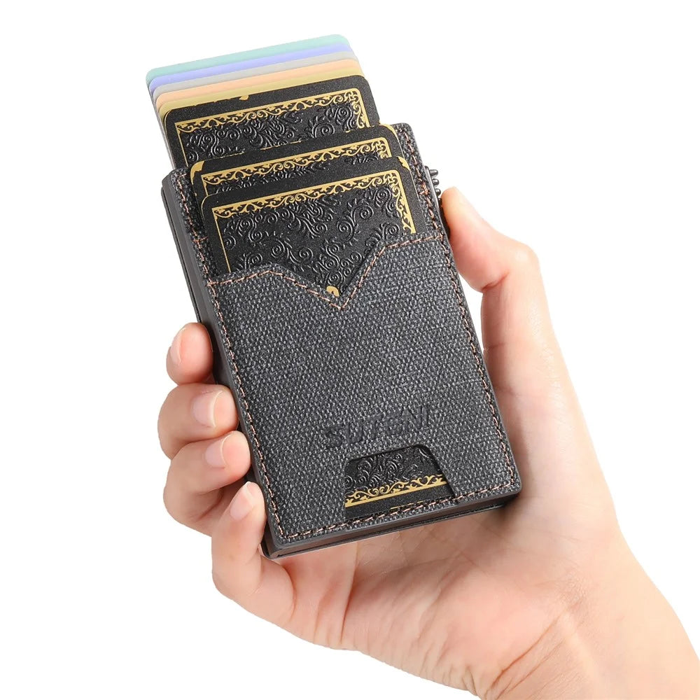SUTENI Double-Sided Card Holder Jeans Cloth Texture PU Leather + Metal Automatic Pop-Up Card Case - Black - 5