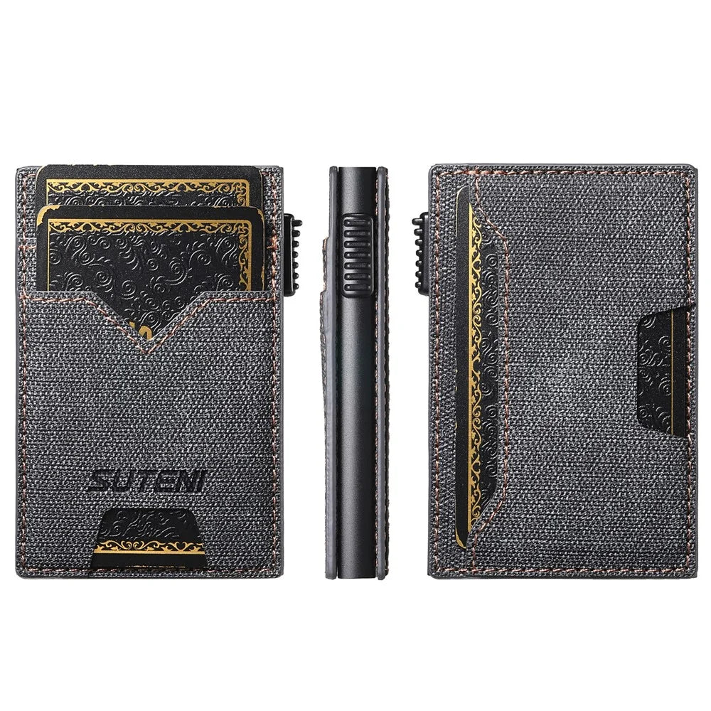 SUTENI Double-Sided Card Holder Jeans Cloth Texture PU Leather + Metal Automatic Pop-Up Card Case - Black - 6