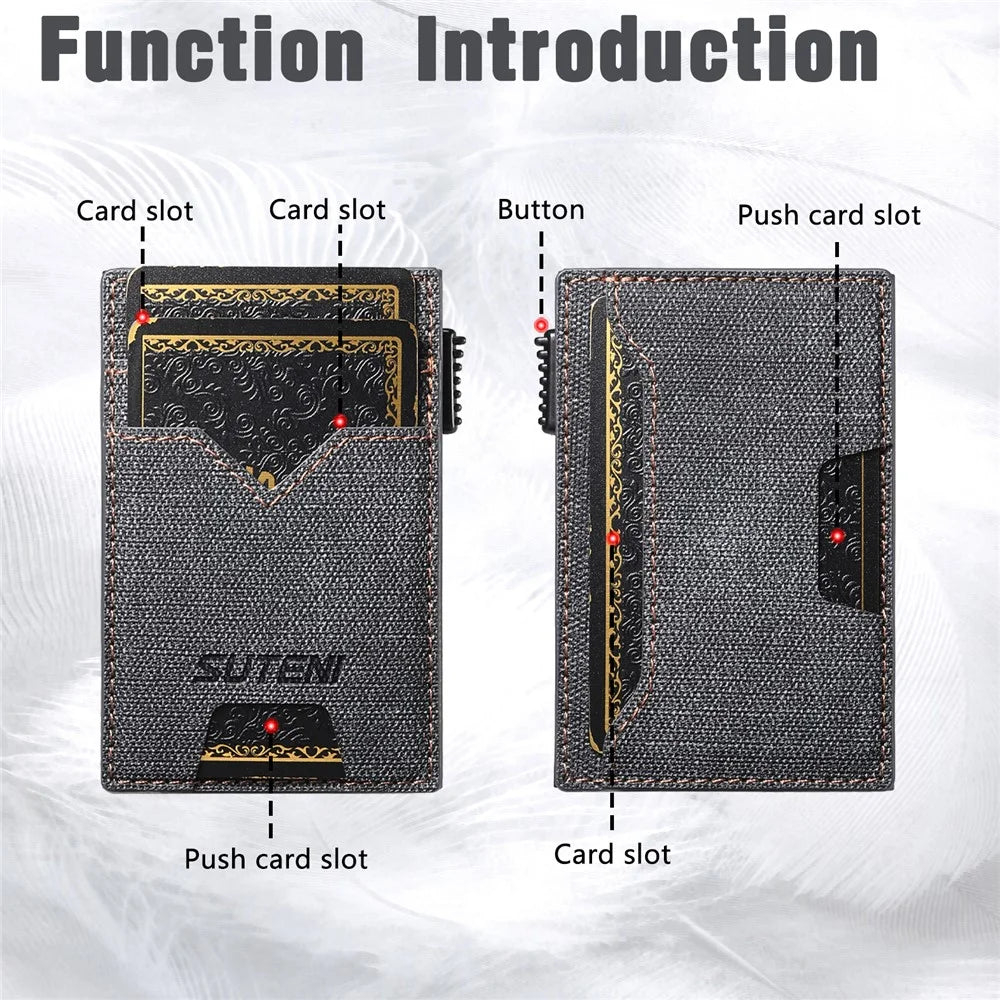 SUTENI Double-Sided Card Holder Jeans Cloth Texture PU Leather + Metal Automatic Pop-Up Card Case - Black - 7
