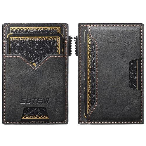 SUTENI Double-Sided Card Holder Waxy Texture PU Leather + Metal Automatic Pop-Up Card Case - Black - 1