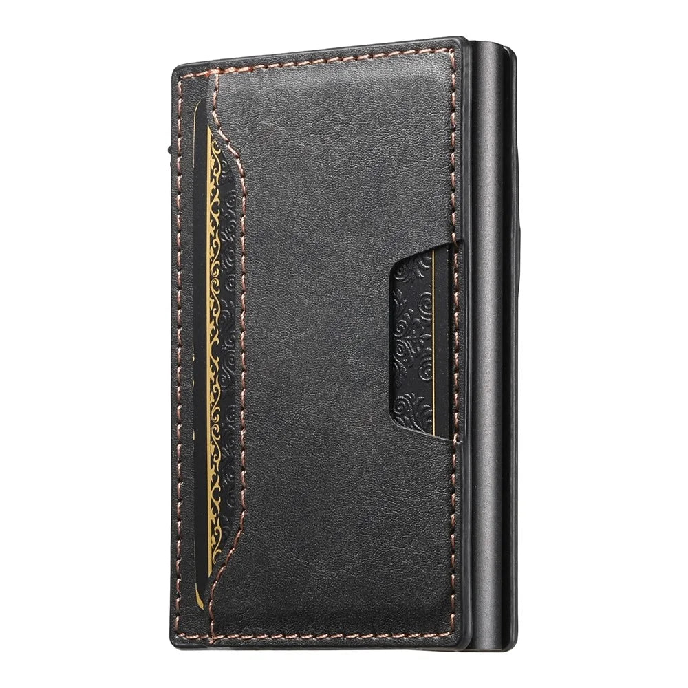 SUTENI Double-Sided Card Holder Waxy Texture PU Leather + Metal Automatic Pop-Up Card Case - Black - 2
