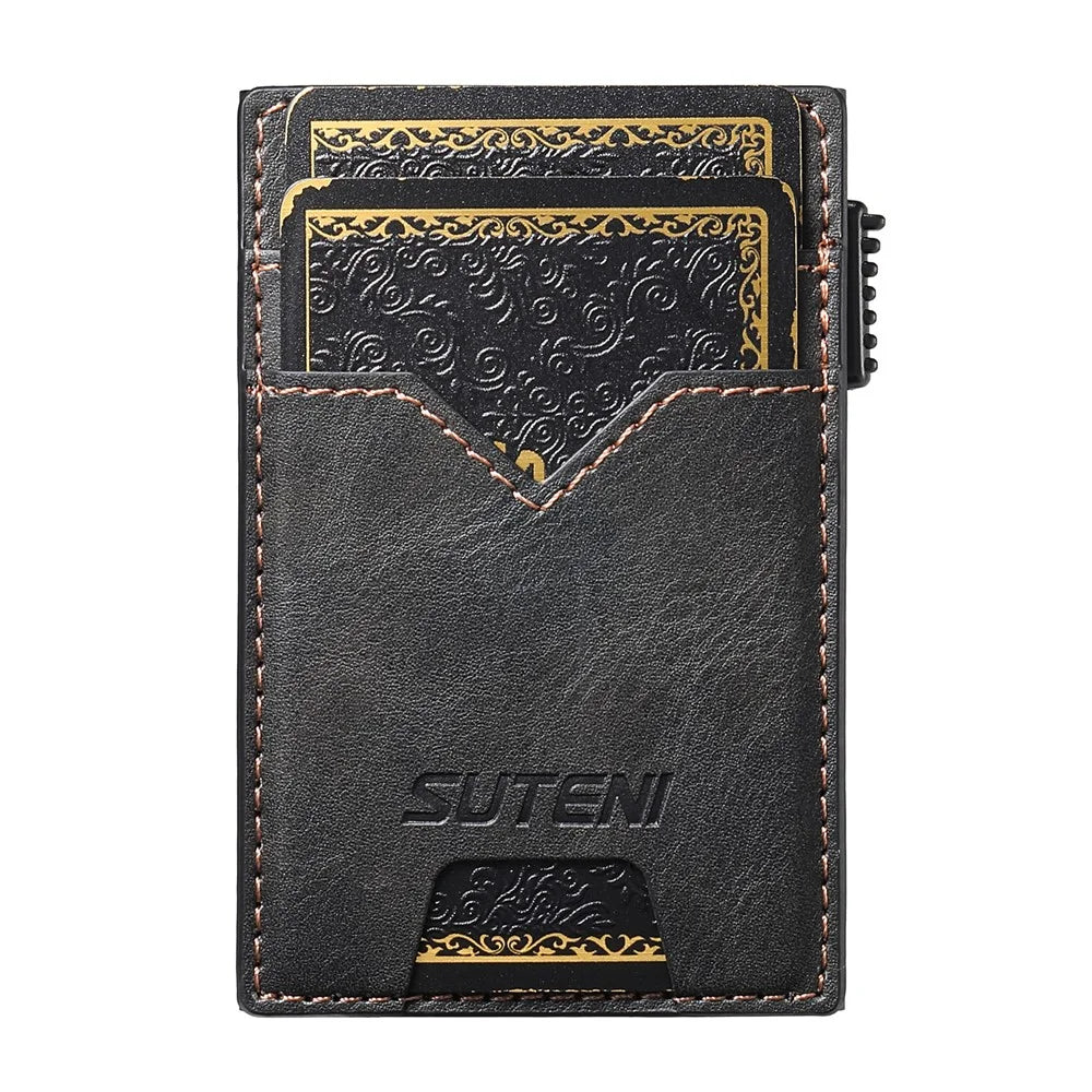SUTENI Double-Sided Card Holder Waxy Texture PU Leather + Metal Automatic Pop-Up Card Case - Black - 3