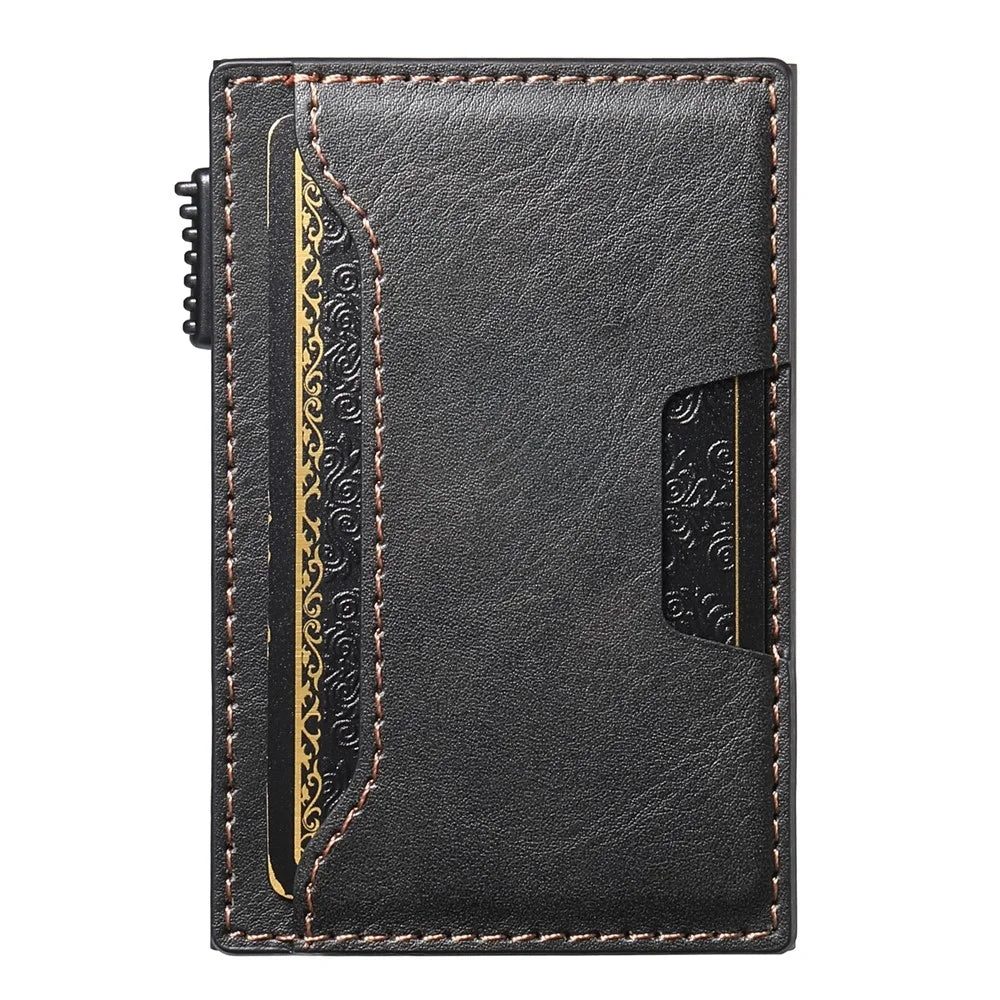 SUTENI Double-Sided Card Holder Waxy Texture PU Leather + Metal Automatic Pop-Up Card Case - Black - 4