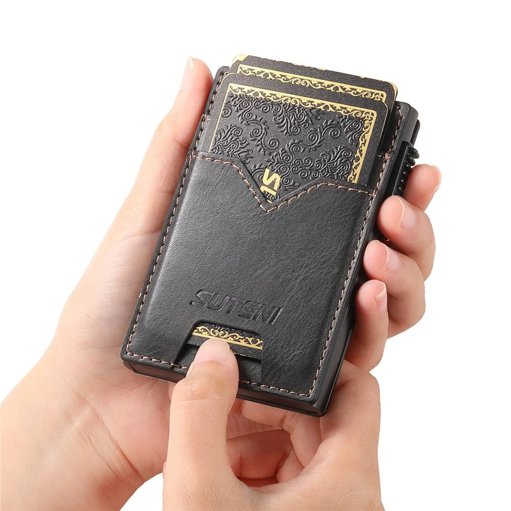 SUTENI Double-Sided Card Holder Waxy Texture PU Leather + Metal Automatic Pop-Up Card Case - Black - 5