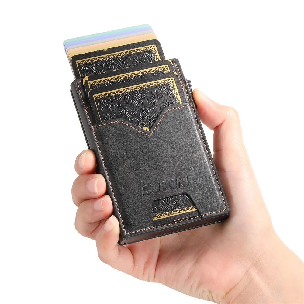 SUTENI Double-Sided Card Holder Waxy Texture PU Leather + Metal Automatic Pop-Up Card Case - Black - 6