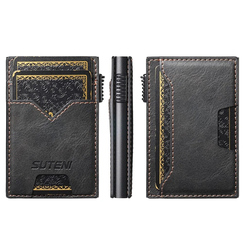 SUTENI Double-Sided Card Holder Waxy Texture PU Leather + Metal Automatic Pop-Up Card Case - Black - 7