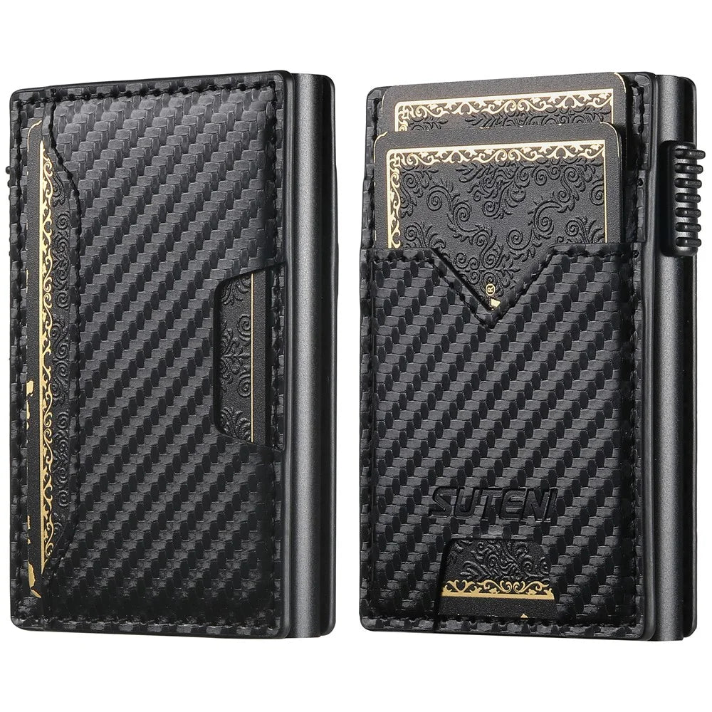 SUTENI Double-Sided Card Holder Carbon Fiber Texture PU Leather + Metal Automatic Pop-Up Card Case - 1