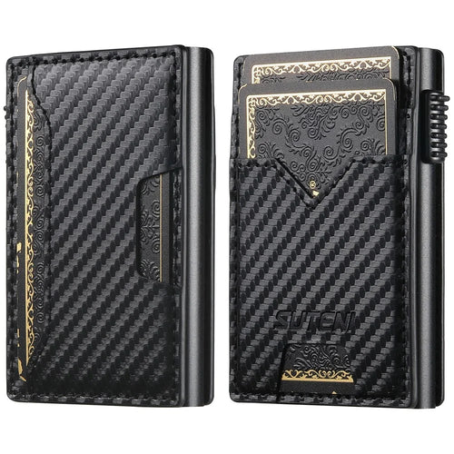 SUTENI Double-Sided Card Holder Carbon Fiber Texture PU Leather + Metal Automatic Pop-Up Card Case - 1