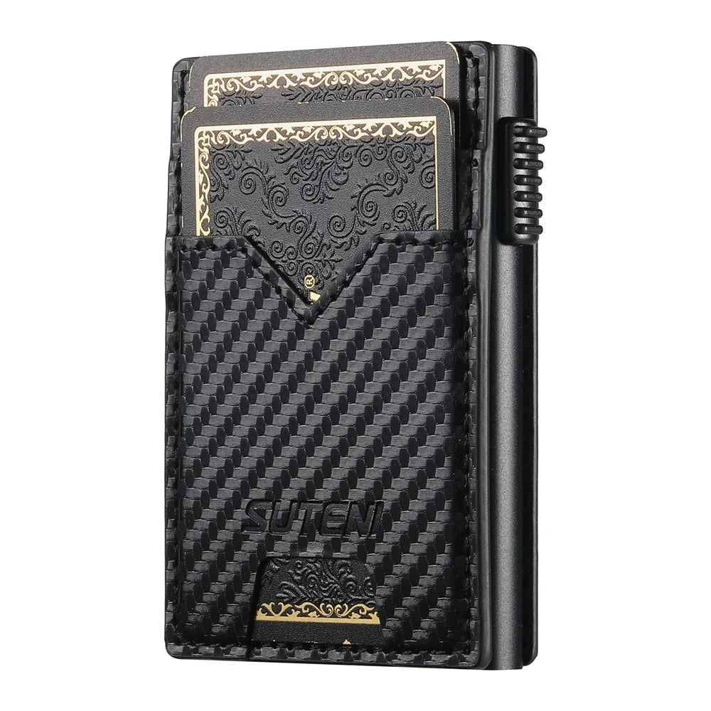 SUTENI Double-Sided Card Holder Carbon Fiber Texture PU Leather + Metal Automatic Pop-Up Card Case - 3