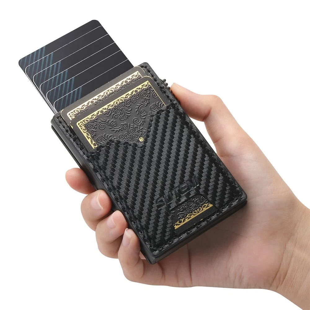 SUTENI Double-Sided Card Holder Carbon Fiber Texture PU Leather + Metal Automatic Pop-Up Card Case - 4