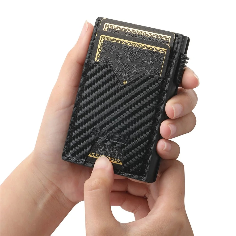 SUTENI Double-Sided Card Holder Carbon Fiber Texture PU Leather + Metal Automatic Pop-Up Card Case - 5