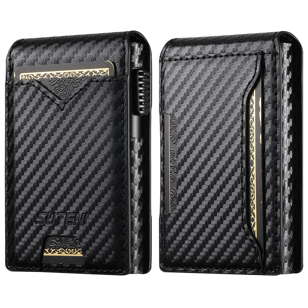 SUTENI Card Holder Imprint Carbon Fiber Texture PU Leather Automatic Pop-Up Metal Card Case - 1