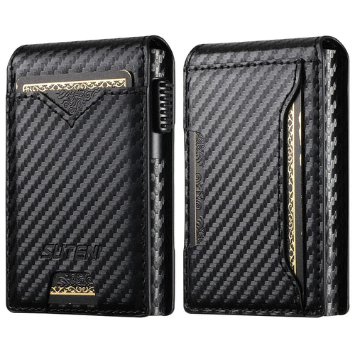 SUTENI Card Holder Imprint Carbon Fiber Texture PU Leather Automatic Pop-Up Metal Card Case - 1