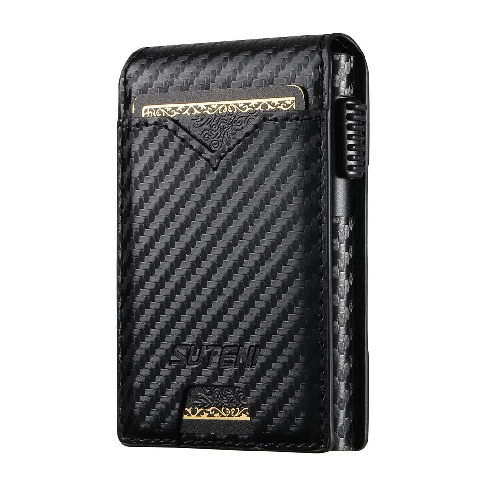 SUTENI Card Holder Imprint Carbon Fiber Texture PU Leather Automatic Pop-Up Metal Card Case - 3