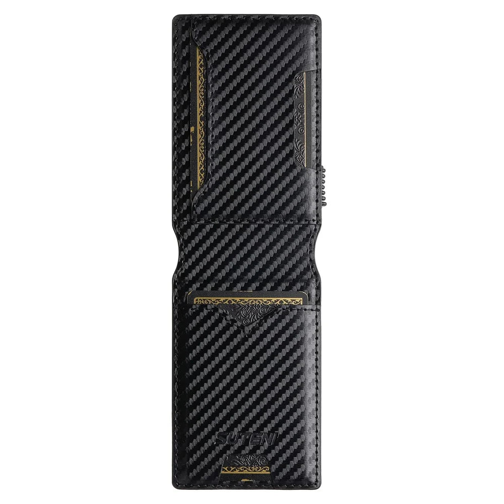 SUTENI Card Holder Imprint Carbon Fiber Texture PU Leather Automatic Pop-Up Metal Card Case - 4