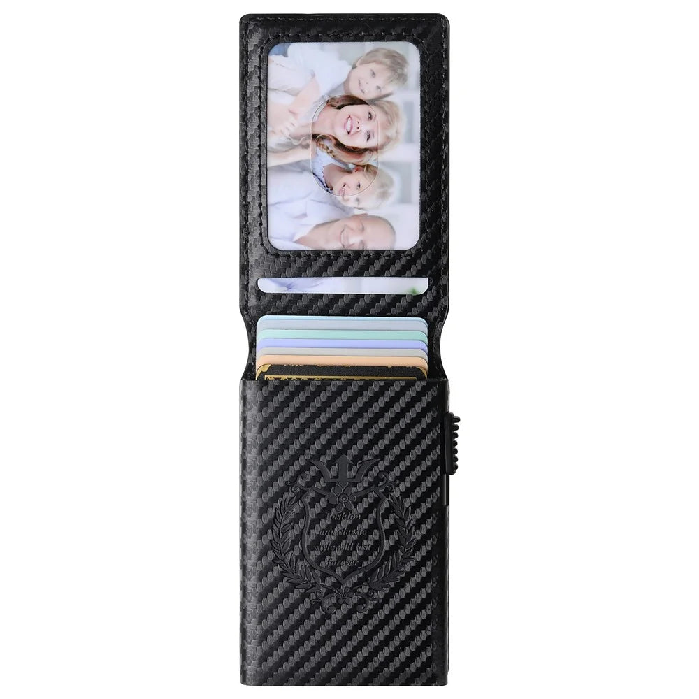 SUTENI Card Holder Imprint Carbon Fiber Texture PU Leather Automatic Pop-Up Metal Card Case - 5