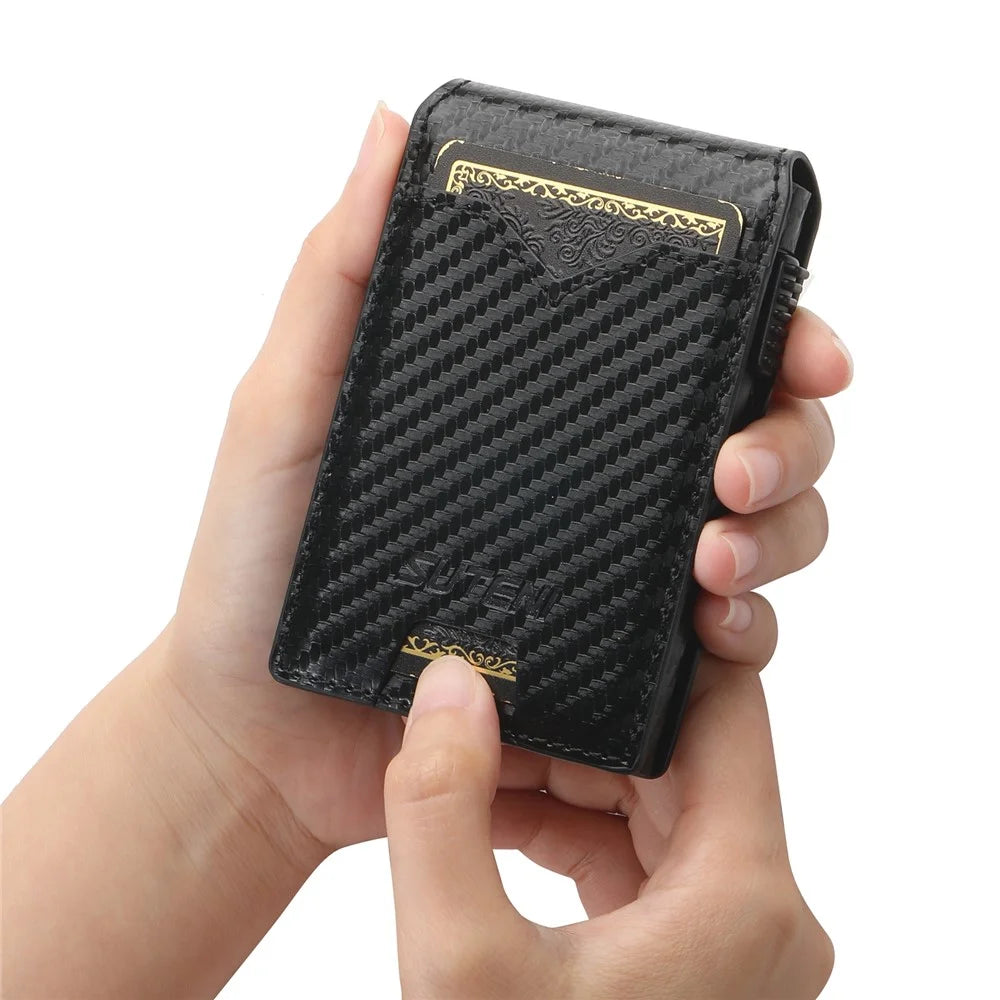SUTENI Card Holder Imprint Carbon Fiber Texture PU Leather Automatic Pop-Up Metal Card Case - 6