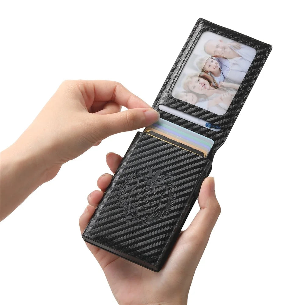 SUTENI Card Holder Imprint Carbon Fiber Texture PU Leather Automatic Pop-Up Metal Card Case - 7