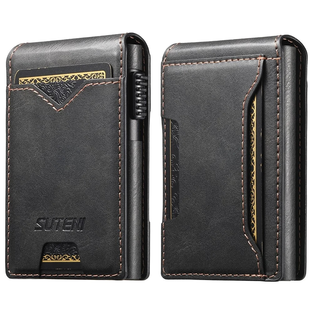 SUTENI Card Holder Imprint Waxy Texture PU Leather Automatic Pop-Up Metal Card Case - Black - 1