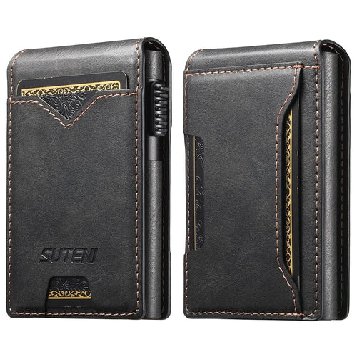 SUTENI Card Holder Imprint Waxy Texture PU Leather Automatic Pop-Up Metal Card Case - Black - 1