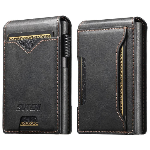 SUTENI Card Holder Imprint Waxy Texture PU Leather Automatic Pop-Up Metal Card Case - Black - 1