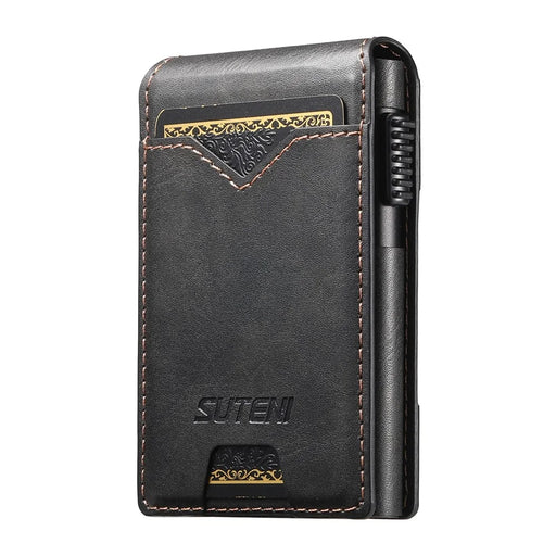 SUTENI Card Holder Imprint Waxy Texture PU Leather Automatic Pop-Up Metal Card Case - Black - 2