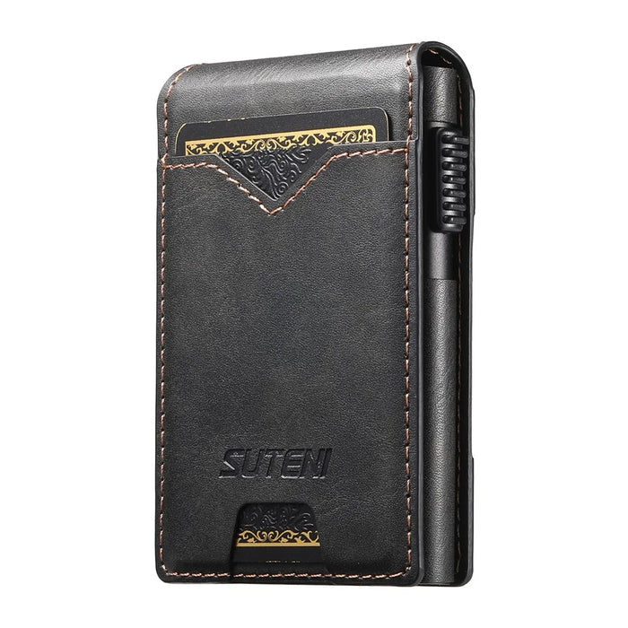 SUTENI Card Holder Imprint Waxy Texture PU Leather Automatic Pop-Up Metal Card Case - Black - 2