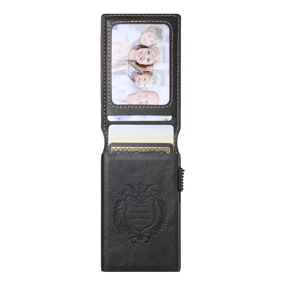 SUTENI Card Holder Imprint Waxy Texture PU Leather Automatic Pop-Up Metal Card Case - Black - 4