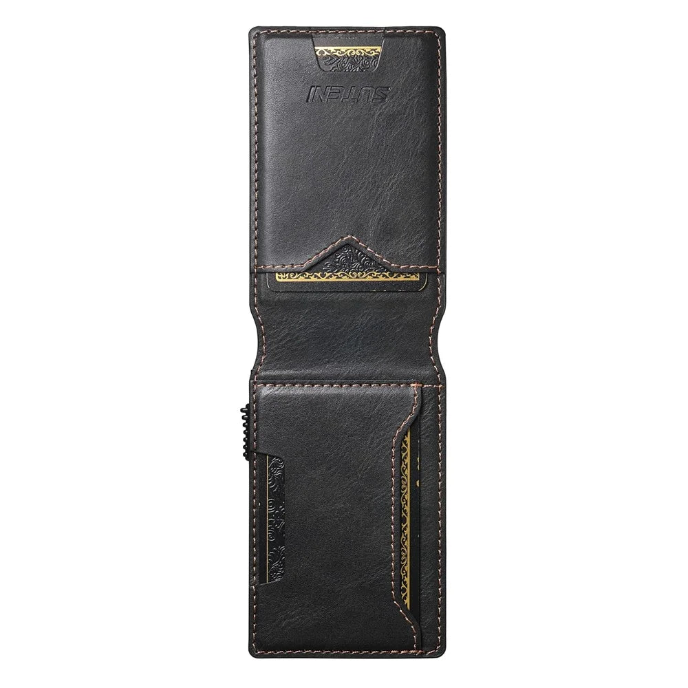 SUTENI Card Holder Imprint Waxy Texture PU Leather Automatic Pop-Up Metal Card Case - Black - 5