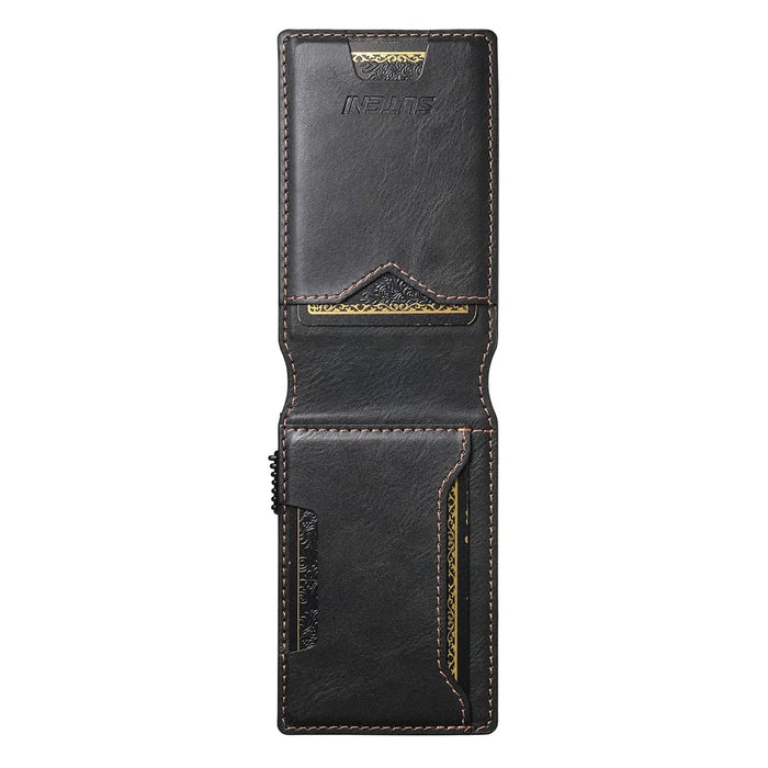 SUTENI Card Holder Imprint Waxy Texture PU Leather Automatic Pop-Up Metal Card Case - Black - 5