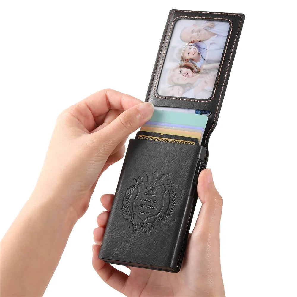 SUTENI Card Holder Imprint Waxy Texture PU Leather Automatic Pop-Up Metal Card Case - Black - 6
