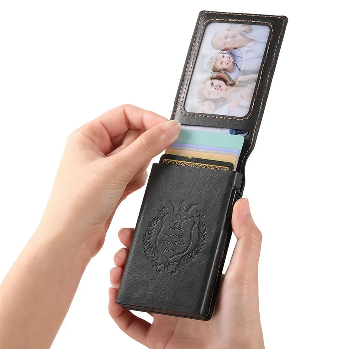 SUTENI Card Holder Imprint Waxy Texture PU Leather Automatic Pop-Up Metal Card Case - Black - 6